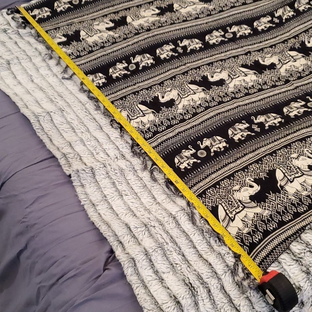 Black and white elephant scarf 42" by 57" with fringe accents - Picture 3 of 5